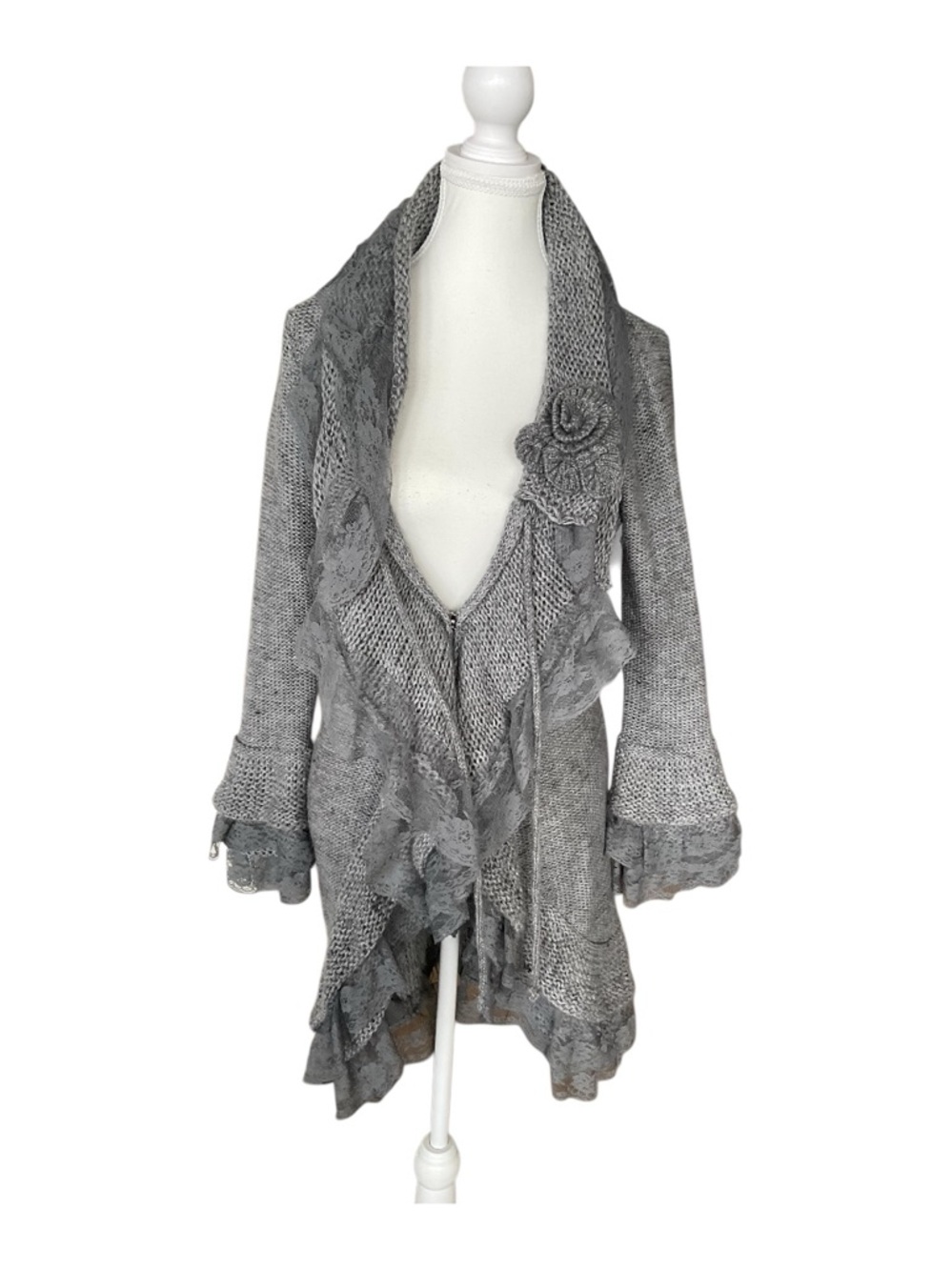 Sioni Grey Knit Lace Cardigan Sweater Coat Boho Romantic Size L - Picture 6 of 9